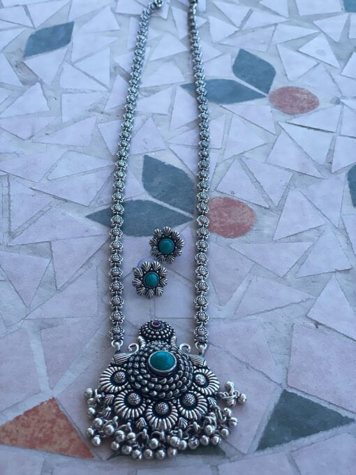 Veda Aqua German Silver Long Necklace set