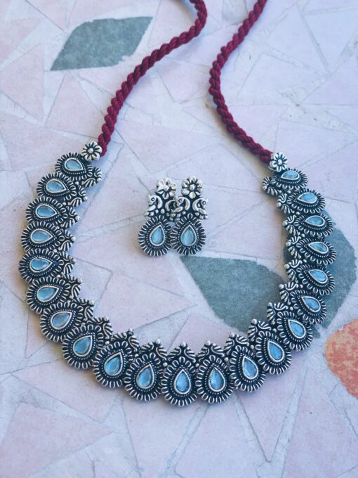 Veda Aquamarine German Silver Necklace set